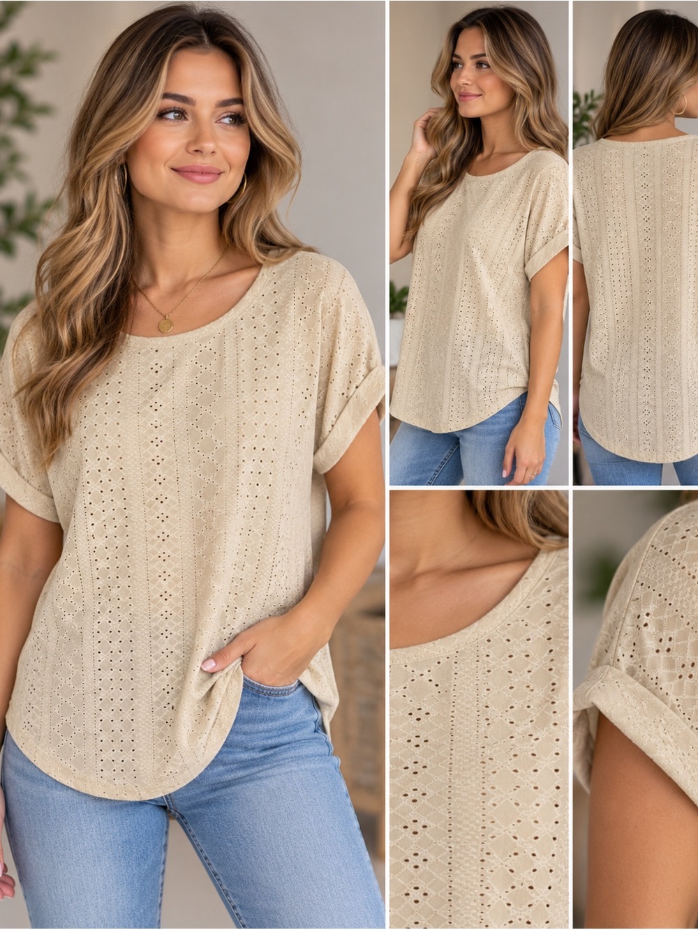 Eyelet Short Sleeve Knit Top in Beige